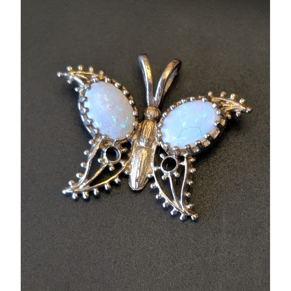 Delicate Vintage Butterfly White Opal Gold Tone Charm Pendant Detailed